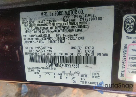 2012 Ford Fusion Se z USA, uszkodzony, nr VIN 3FAHP0HAXCR227881
